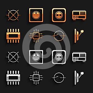 Set Processor with microcircuits CPU, Electrical measuring instruments, panel, scheme, outlet, and light switch icon