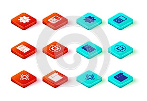 Set Processor with microcircuits CPU, Graphing paper for engineering, Browser setting, Gear and arrows as workflow