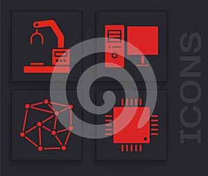 Set Processor with microcircuits CPU, Robotic robot arm hand factory, Computer monitor and Neural network icon. Vector