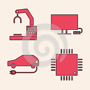 Set Processor with microcircuits CPU, Robotic robot arm hand factory, Smart Tv and Electric car icon. Vector