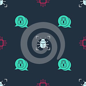 Set Processor with microcircuits CPU, System bug and Cyber security on seamless pattern. Vector