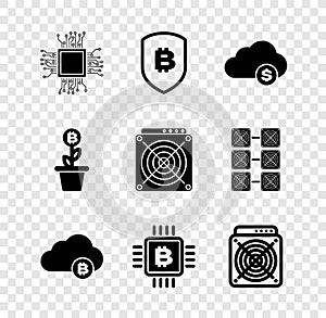 Set Processor, Shield with bitcoin, Cryptocurrency cloud mining, , CPU farm and ASIC Miner icon. Vector