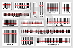 Set of product barcodes with red scanning line. Identification tracking code. Serial number, product ID with digital