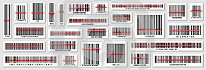 Set of product barcodes with red scanning line. Identification tracking code. Serial number, product ID with digital