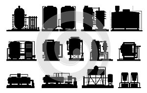 Set of Production plant. Silhouette of objects. Isolated on white background. Industrial technical equipment. Factory