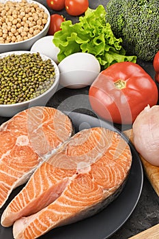 A set of products for a flexible diet close-up. Salmon, vegetables and cereals