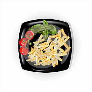 A set of products, French fries and tomatoes with a basil.