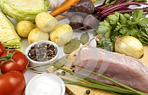 A set of products for making Ukrainian borscht, close-up