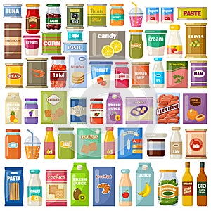 Set of products on a white background. Grocery. Gastronomy. Canned food, juice, jam, cookies
