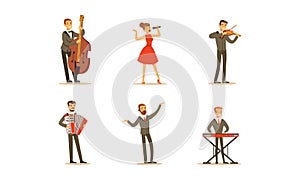 Set of Professional Classical Musicians and Singers, People Performing on Stage Cartoon Vector Illustration