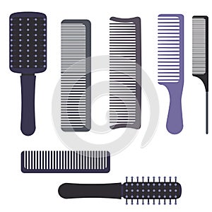 A set of professional combs and massage brushes for hair. Individual items for combing hair.