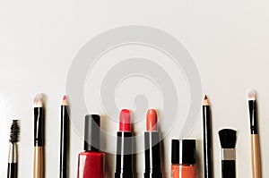 Set professional cosmetics, make up tools and accessory on a white background, fashion and beauty