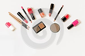 Set professional cosmetics, make up tools and accessory on a white background, fashion and beauty cosmetics