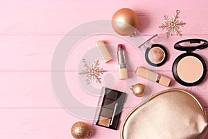 Set of professional decorative cosmetics and Christmas accessories