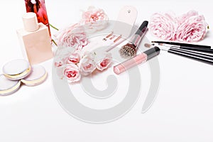 Set of professional decorative cosmetics, makeup tools and accessory isolated on white background with copy space.