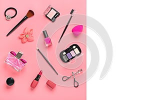 Set of professional decorative cosmetics, makeup tools and accessory of trendy color isolated on white, pink background Flat lay