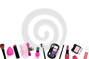 Set of professional decorative cosmetics, makeup tools and accessory of trendy pink color isolated on white background