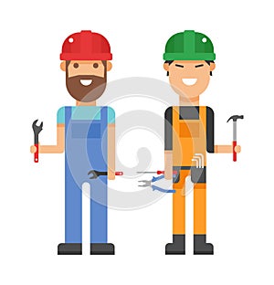 Set of professional engineering workers people building team in helmets builders flat vector illustration.