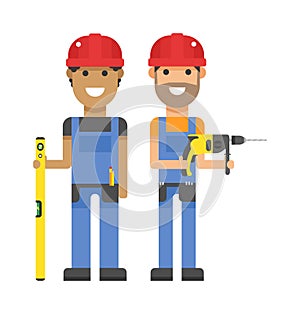 Set of professional engineering workers people building team in helmets builders flat vector illustration.