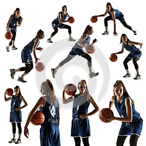 Set of professional female basketball player in blue sports uniform with ball in motion, action isolated on white studio