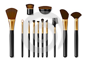 Set of Professional golden make up brushes isolated. Realistic cosmetic Powder Blush, Eye Shadow, Brush, eye shadow