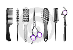 Set of professional hair brushes and scissors