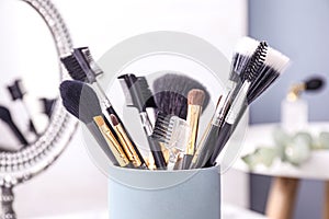 Set of professional makeup brushes in holder