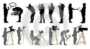 Set of professional people with video cameras and photo cameras. Silhouettes are separated. Vector illustration