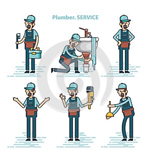 Set of professional plumbers repairing the broken home facilities, washbasin, toilet, cabin, washing machine, radiator