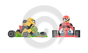 Set of professional racing driver in uniform sitting in race car cartoon vector illustration