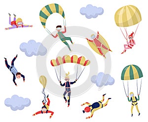 Flat vector set of professional skydivers. Extreme sport. Young wingsuit jumper. Active recreation. Skydiving theme