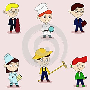 Set of professions doctor woman,musician with a violin, singer with a microphone, farmer with a rake,cook with a frying