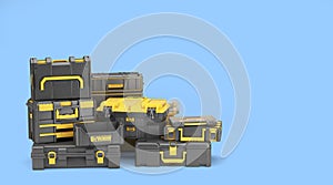 Set of professionsl tools cases 3d render on blue background