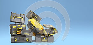 Set of professionsl tools cases 3d render on blue background