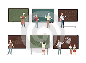 Set of professors standing in front of blackboard in class . Teachers teaching students at school, college or university
