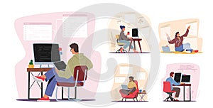 Set Programmers Working Concept. Designer Characters Working on Computer Coding, Programming Website Creating Software