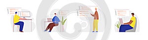 Set of programmers working on web development on computers. Concept of script coding and programming in php, python