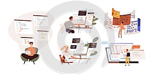 Set of programmers working on web development on computers. Concept of script coding and programming in php, python