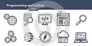 Vector art of programming and coding icons set representing software development and digital technology isolated on white