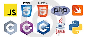 Set of 10 programming language logo vector icons: CSS, HTML, Javascript, Java, PHP, C, C++, C#, Swift, Python. Isolated editorial