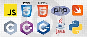 Set of 10 programming language logo vector icons: CSS, HTML, Javascript, Java, PHP, C, C++, C#, Swift, Python. Isolated editorial