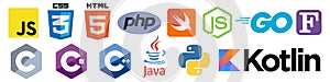 Set of 10 programming language logo vector icons: CSS, HTML, Javascript, Java, PHP, C, C++, C#, Swift, Python, Kotlin, GO, Fortran