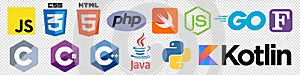 Set of 10 programming language logo vector icons: CSS, HTML, Javascript, Java, PHP, C, C++, C#, Swift, Python, Kotlin, GO, Fortran