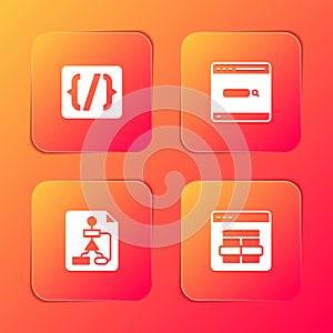 Set Programming language syntax, Search engine, Flowchart and MySQL code icon. Vector