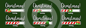 Set of progress indicators with the inscription Christmas loading in a schematic children's style. Vector Christmas