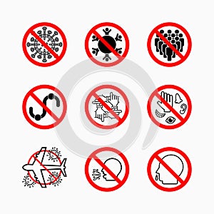 Set of prohibit virus icon, coronavirus safety measures and precautions, how to protect yourself and others