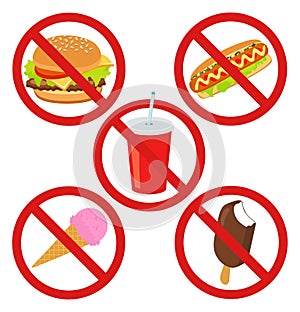 Set prohibited signs. Supermarket symbols. No Junk Food, Stop Unhealthy. No ice cream, hot dog, burger or drink isolated on white