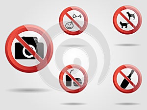 Set of prohibited vector sign. Illustration may use in camping areas, restaurant, parks or near houses. Warning, not allowed notif