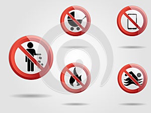 Set of prohibited vector sign. Illustration may use in camping areas, restaurant, parks or near houses. Warning, not allowed notif