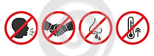 Set of prohibiting icons. No cough, no handshake, no runny nose, no fever